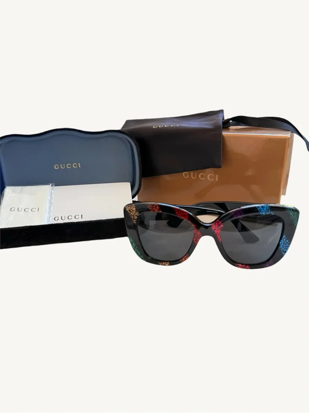 Gucci GG0327S Rainbow Glitter Sunglasses Black Cat Eye New Full Set Box